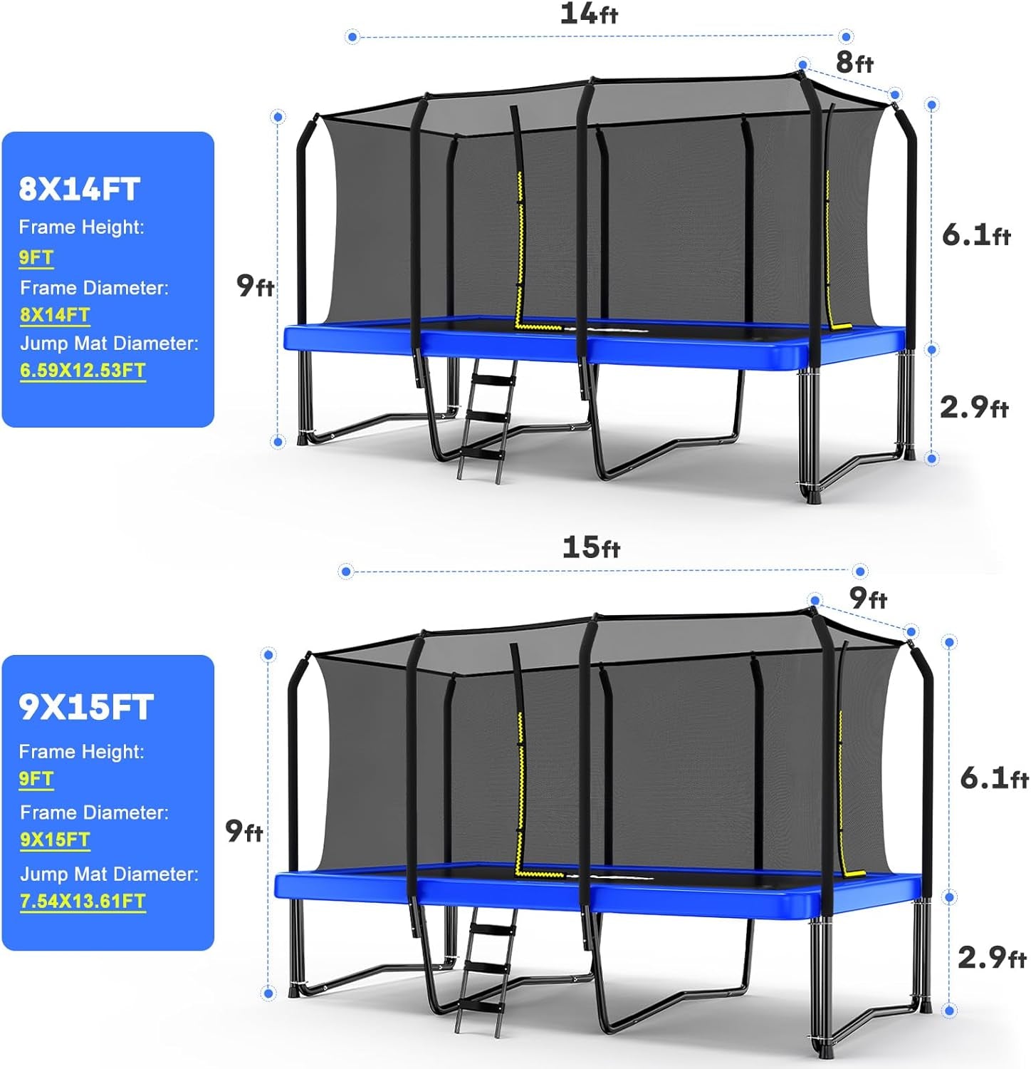 1500LBS Weight Capacity Rectangle Trampoline 10X17Ft 9X15FT 8X14FT Outdoor Square Gymnastics Trampolines with Basketball Hoops for Kids Adults Long Large Big Rectangular Tumbling Trampolin