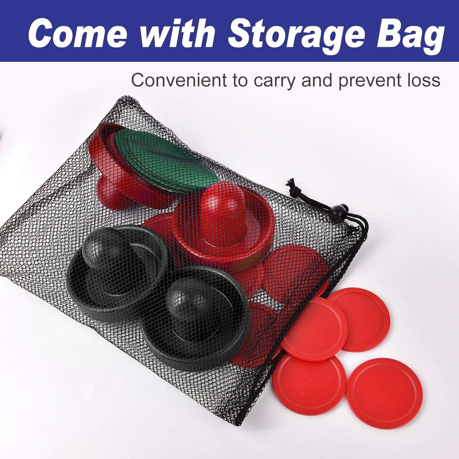 Air Hockey Pushers and Pucks, Air Hockey Paddles with Felt Bottoms, Goal Handles Paddles Replacement Accessories with a Drawstring Bag for Game Tables (4 Striker, 8 Red Puck Pack)