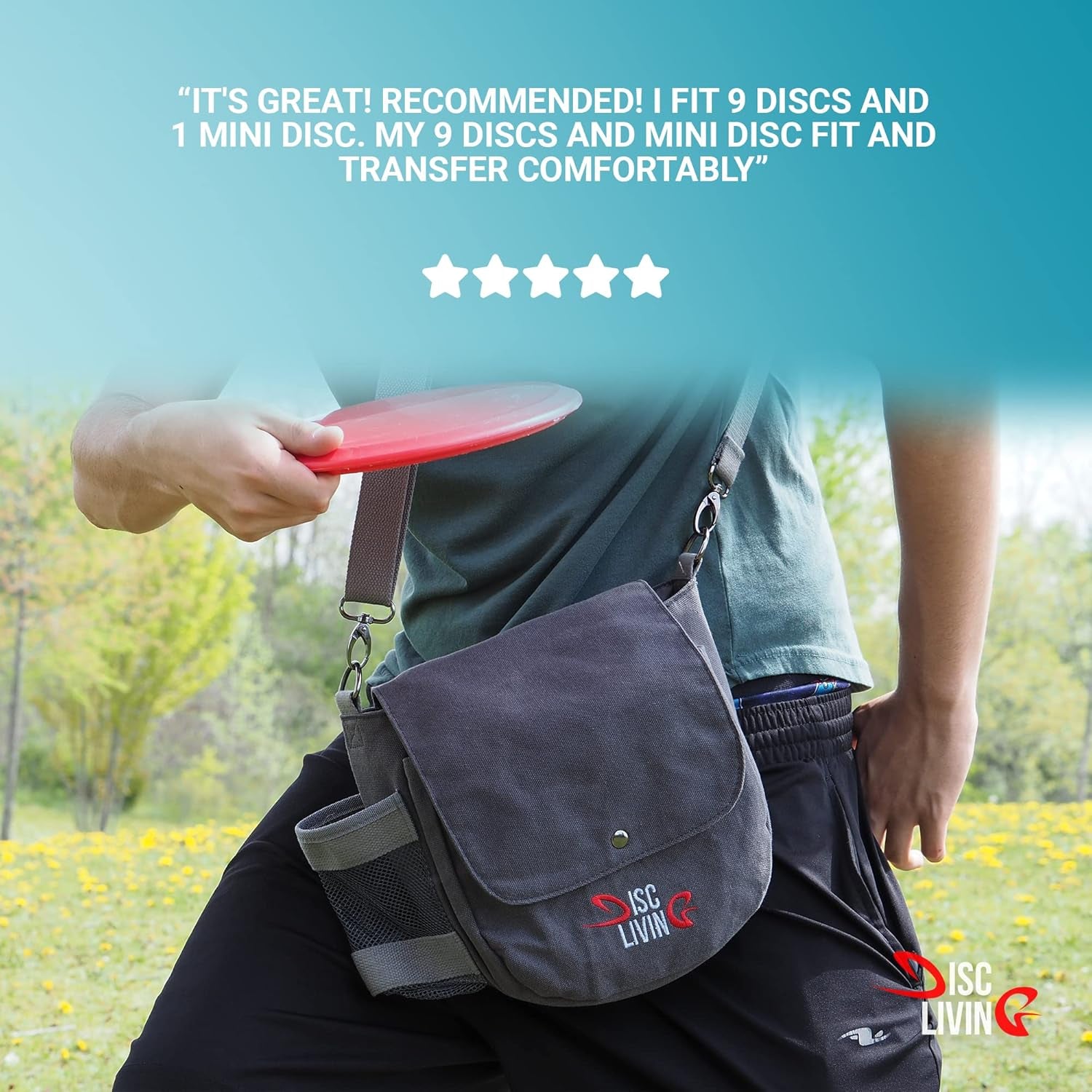 Disc Golf Bag | Frisbee Golf Bag | Easy to Carry | Lightweight Fits up to 10 Discs | 16 Oz Waxed Canvas Sturdy Design | Belt Loop | Double Button Design | Bottle Holder