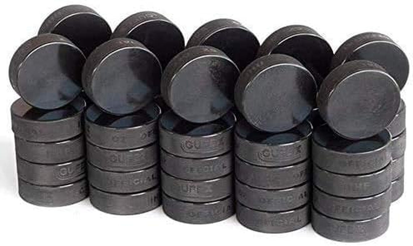 12-Pack Official Ice Hockey Pucks - Made in Czech Republic - Durable Rubber with Smooth Sides, Dimpled Side Walls - Regulation Size - Diameter 3”, Thickness 1”, 6Oz, Black