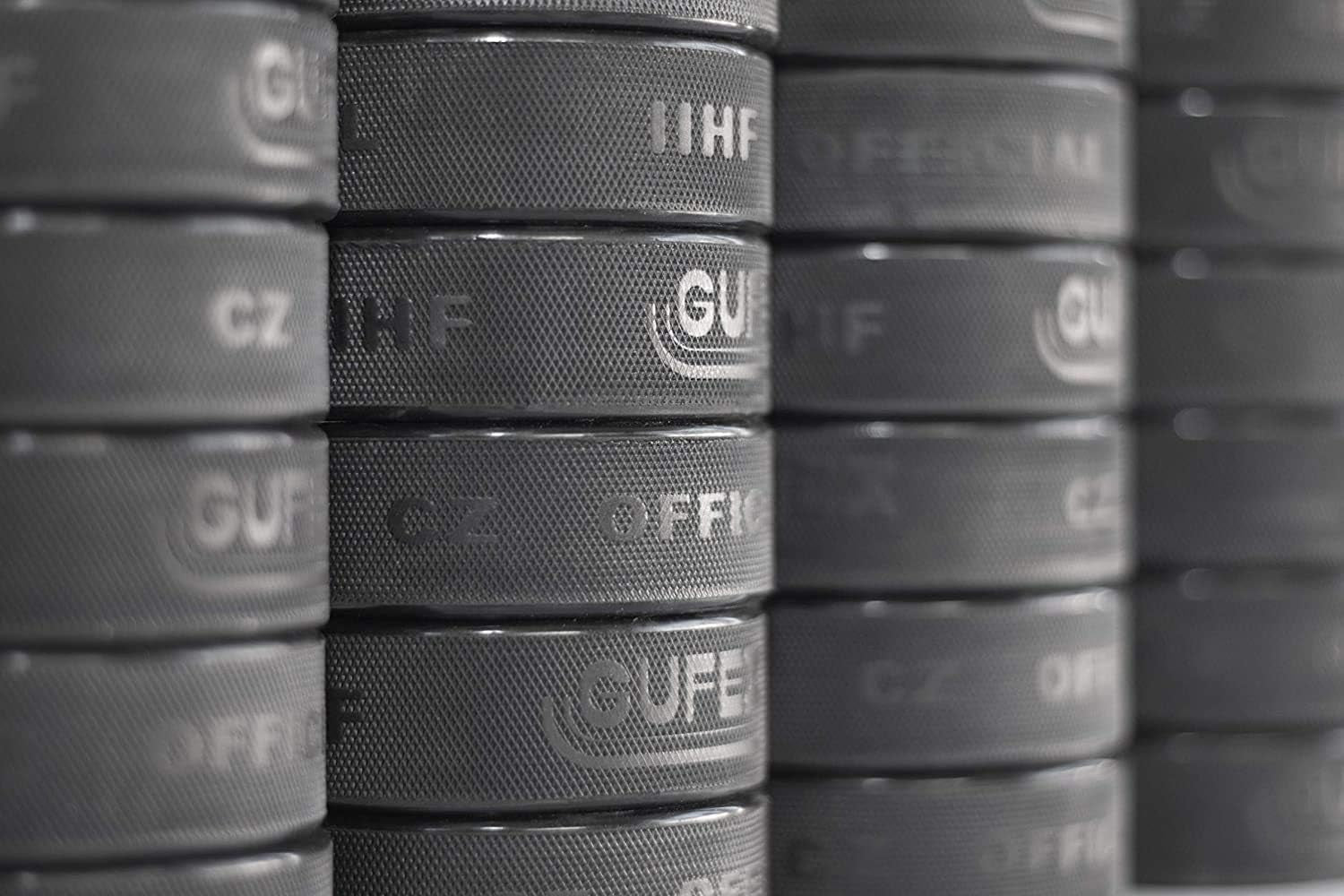 12-Pack Official Ice Hockey Pucks - Made in Czech Republic - Durable Rubber with Smooth Sides, Dimpled Side Walls - Regulation Size - Diameter 3”, Thickness 1”, 6Oz, Black