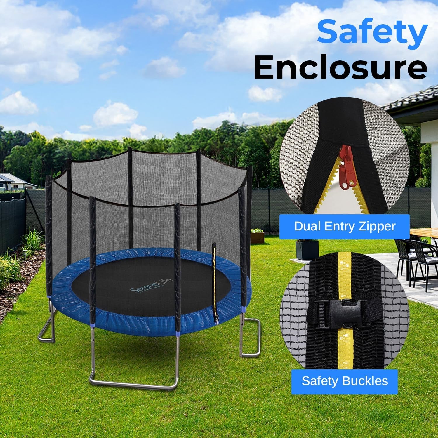 8FT 10FT 12FT 14FT Outdoor Trampoline for Kids and Adults – ASTM Certified Heavy-Duty Backyard Trampoline with Safety Poles, Net Enclosure, and Stable Anti-Rust Frame