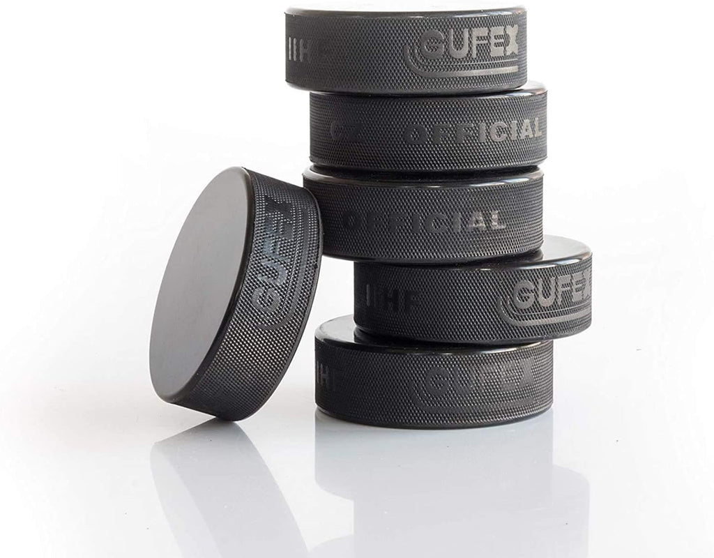 12-Pack Official Ice Hockey Pucks - Made in Czech Republic - Durable Rubber with Smooth Sides, Dimpled Side Walls - Regulation Size - Diameter 3”, Thickness 1”, 6Oz, Black