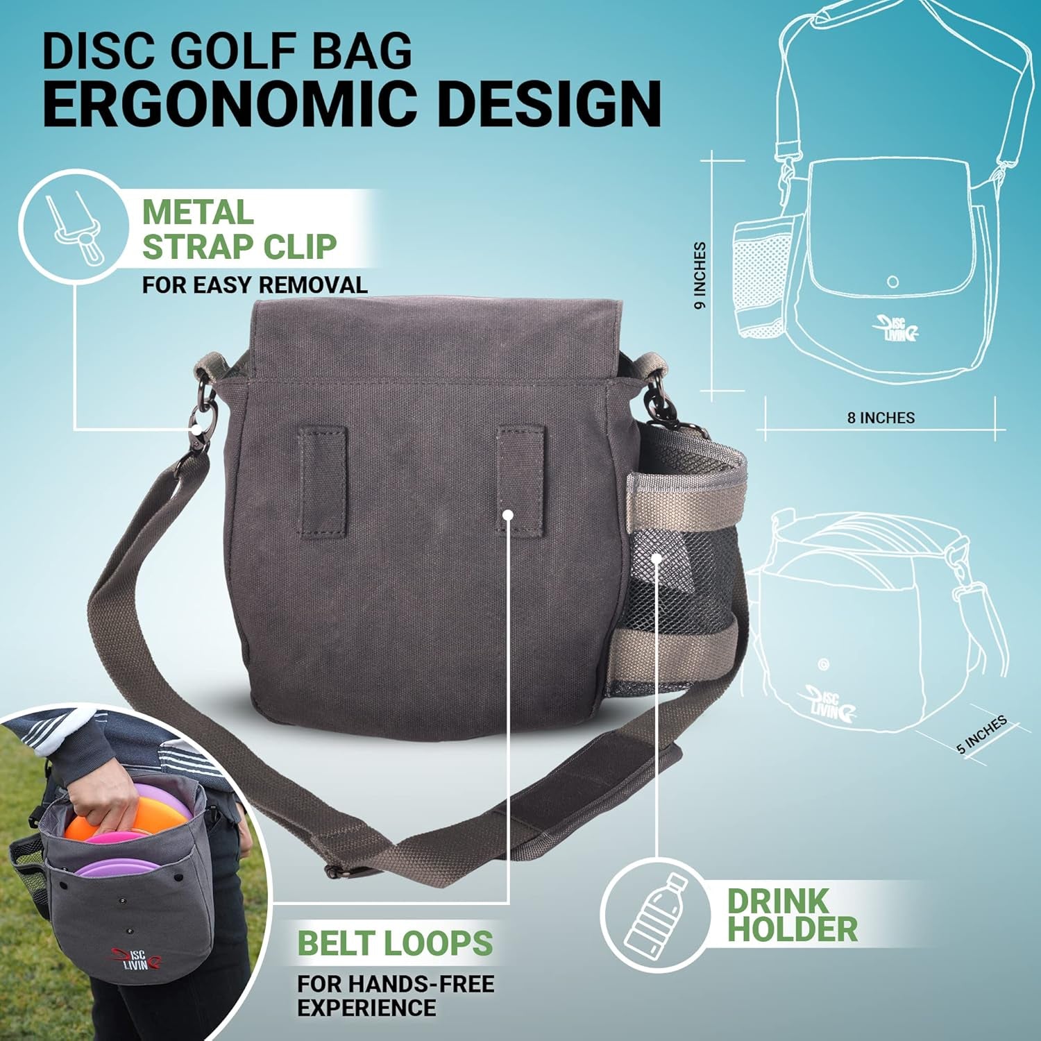 Disc Golf Bag | Frisbee Golf Bag | Easy to Carry | Lightweight Fits up to 10 Discs | 16 Oz Waxed Canvas Sturdy Design | Belt Loop | Double Button Design | Bottle Holder
