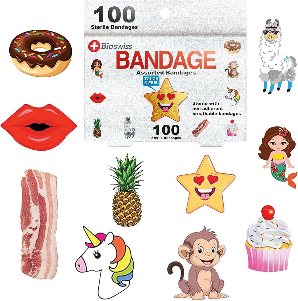 Kids Bandages, Assorted Animal, Fun, and Food Shaped Self Adhesive Bandage Set, Latex Free, Sterile Wound Care, 100 Count