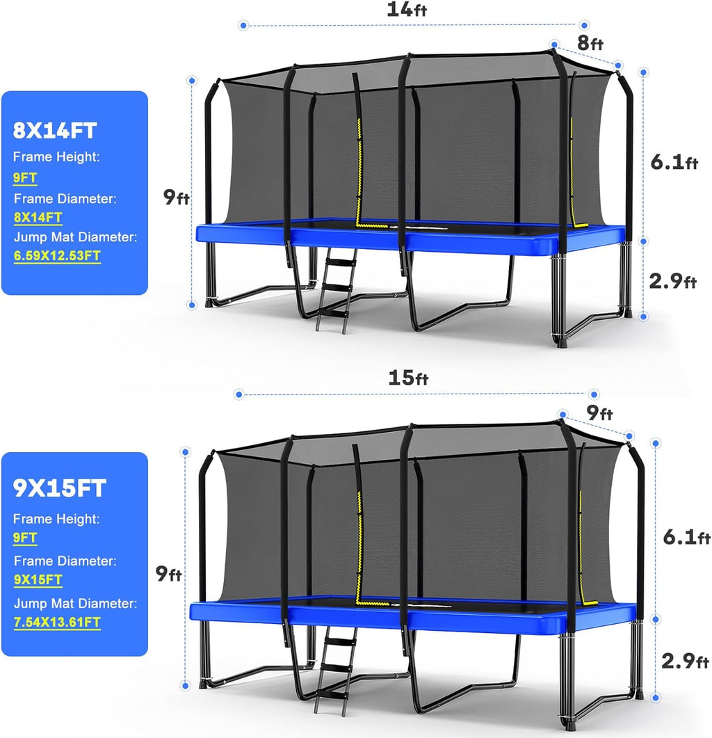 1500LBS Weight Capacity Rectangle Trampoline 10X17Ft 9X15FT 8X14FT Outdoor Square Gymnastics Trampolines with Basketball Hoops for Kids Adults Long Large Big Rectangular Tumbling Trampolin