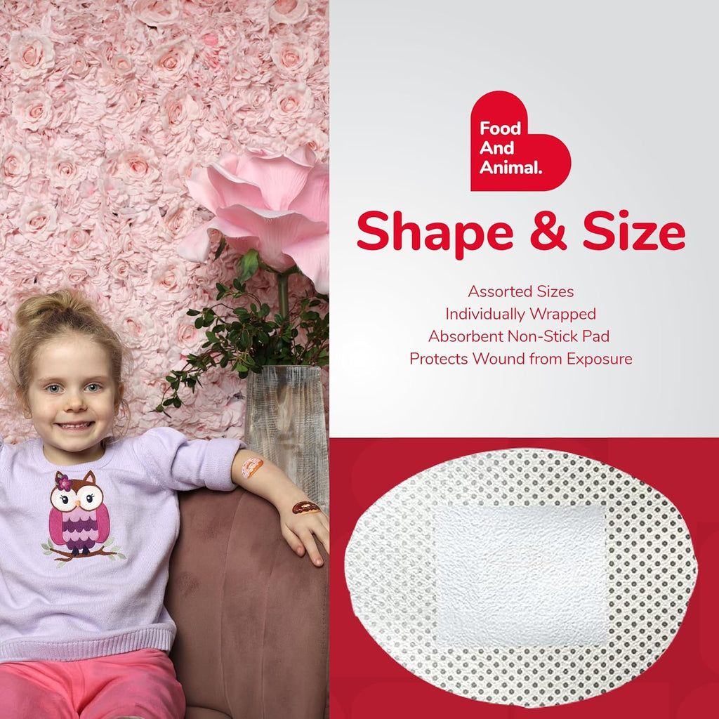 Kids Bandages, Assorted Animal, Fun, and Food Shaped Self Adhesive Bandage Set, Latex Free, Sterile Wound Care, 100 Count