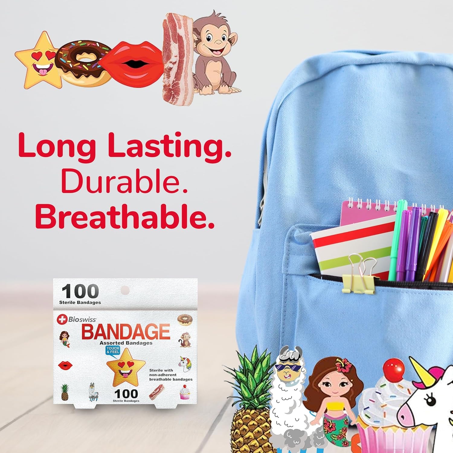 Kids Bandages, Assorted Animal, Fun, and Food Shaped Self Adhesive Bandage Set, Latex Free, Sterile Wound Care, 100 Count