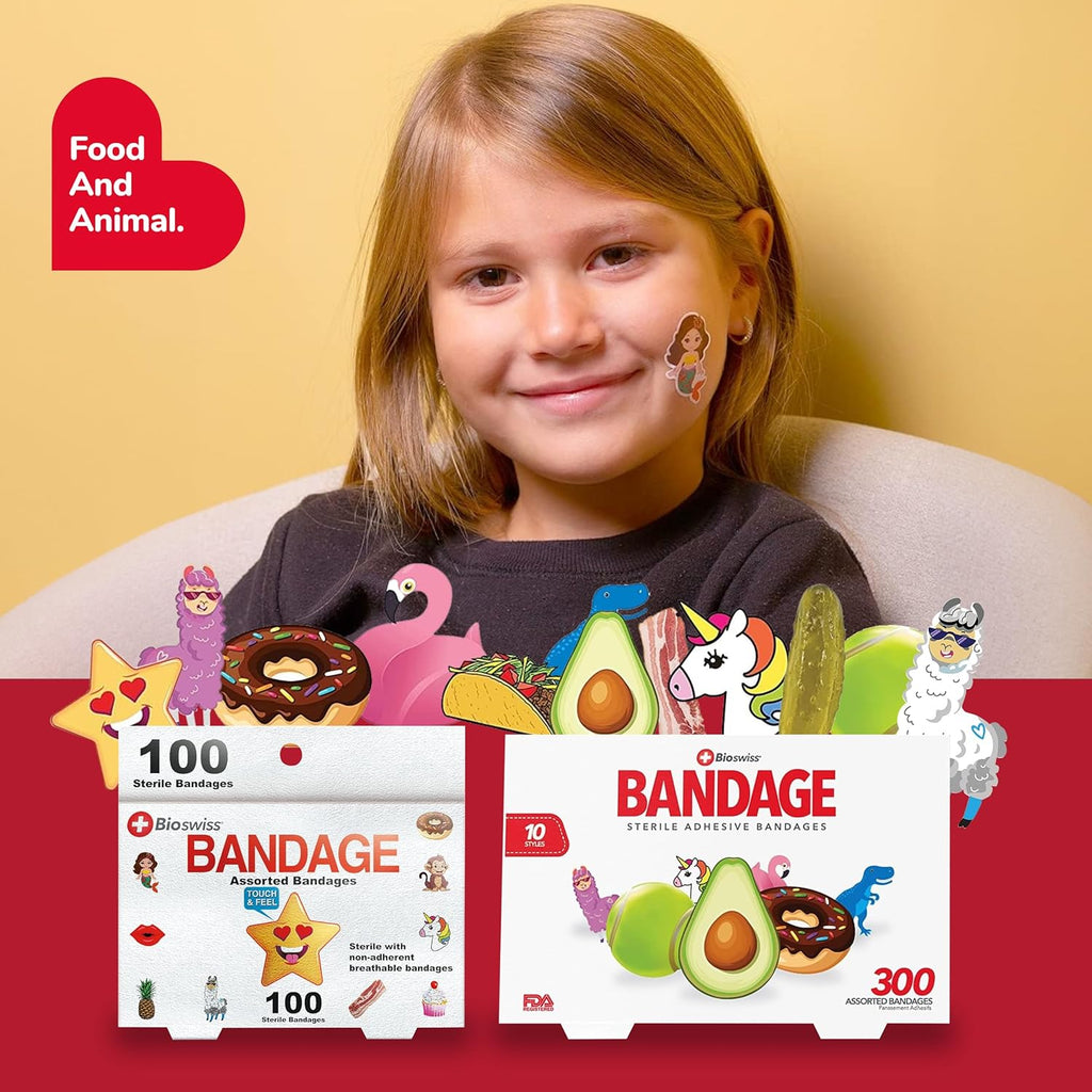 Kids Bandages, Assorted Animal, Fun, and Food Shaped Self Adhesive Bandage Set, Latex Free, Sterile Wound Care, 100 Count