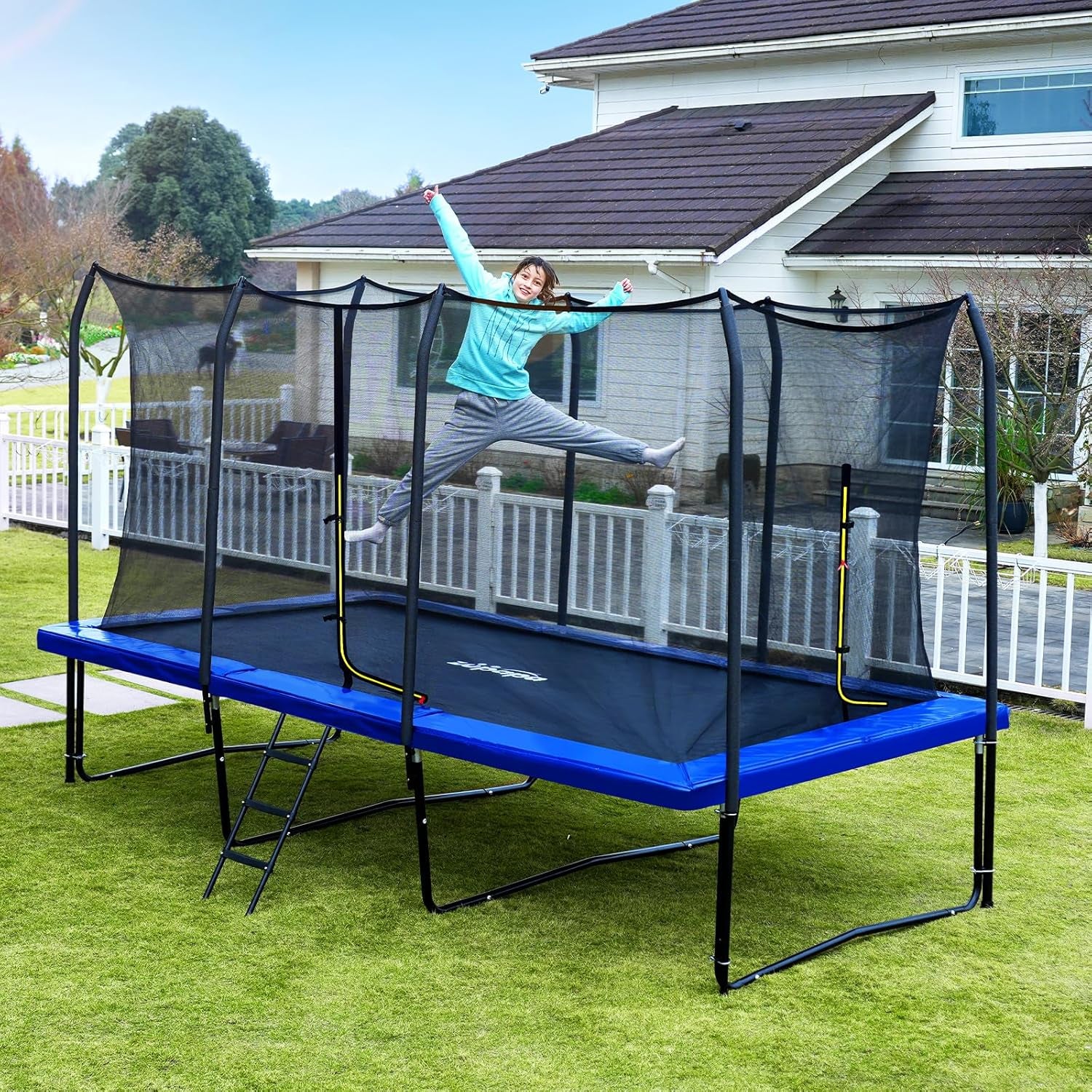 1500LBS Weight Capacity Rectangle Trampoline 10X17Ft 9X15FT 8X14FT Outdoor Square Gymnastics Trampolines with Basketball Hoops for Kids Adults Long Large Big Rectangular Tumbling Trampolin