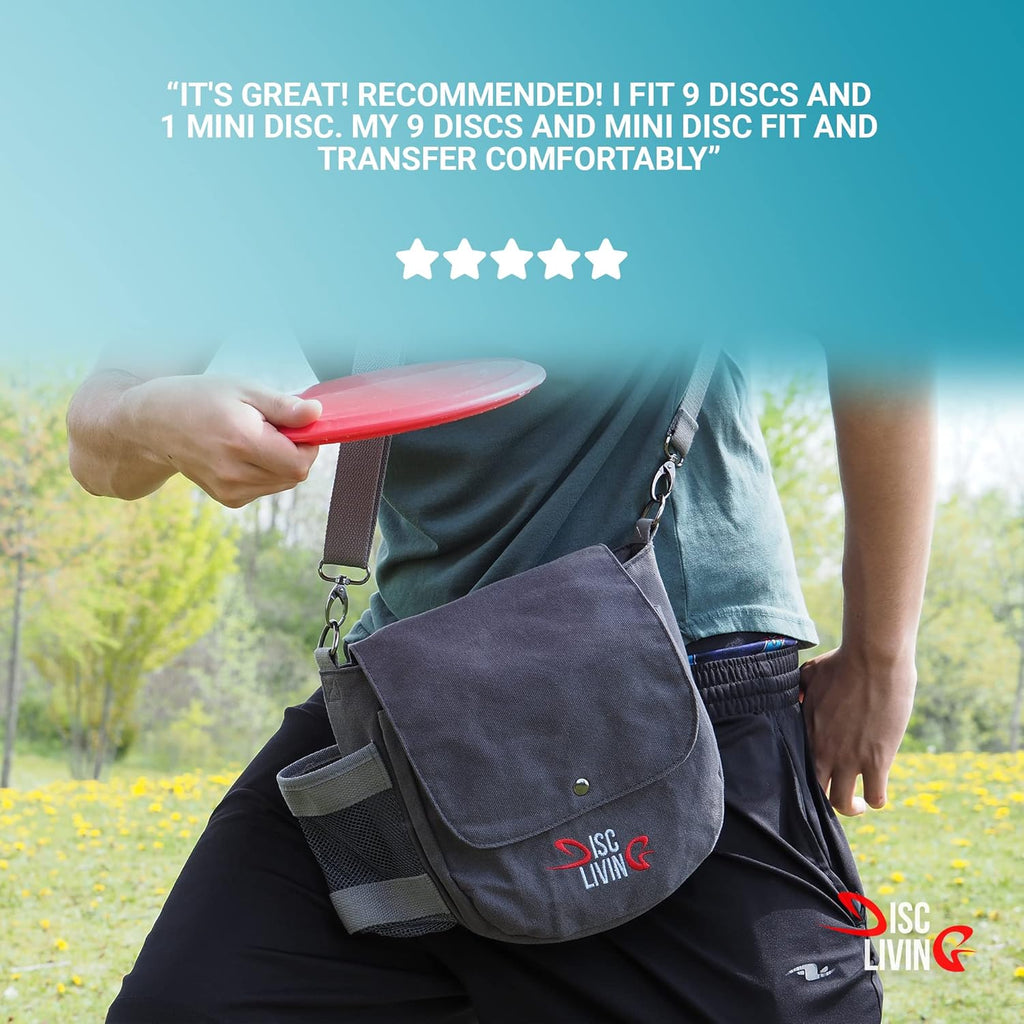 Disc Golf Bag | Frisbee Golf Bag | Easy to Carry | Lightweight Fits up to 10 Discs | 16 Oz Waxed Canvas Sturdy Design | Belt Loop | Double Button Design | Bottle Holder