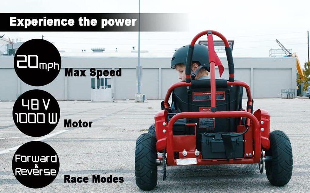 Baja-X 48V 1000W Brushless Electric Go Kart, 3-Speed Setting Go Kart W/Forward & Reverse, Racing Go Cart up to 20 Mph W/Foot Pedal & Foot Break, Go Cart Support up to 175 Lbs (Red)