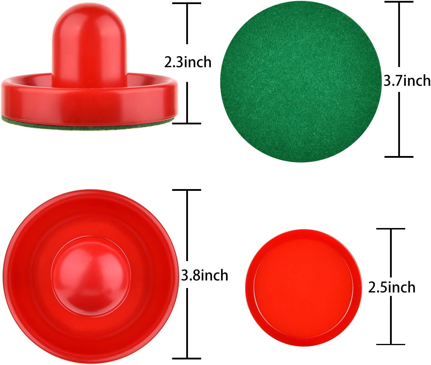 Air Hockey Pushers and Pucks, Air Hockey Paddles with Felt Bottoms, Goal Handles Paddles Replacement Accessories with a Drawstring Bag for Game Tables (4 Striker, 8 Red Puck Pack)