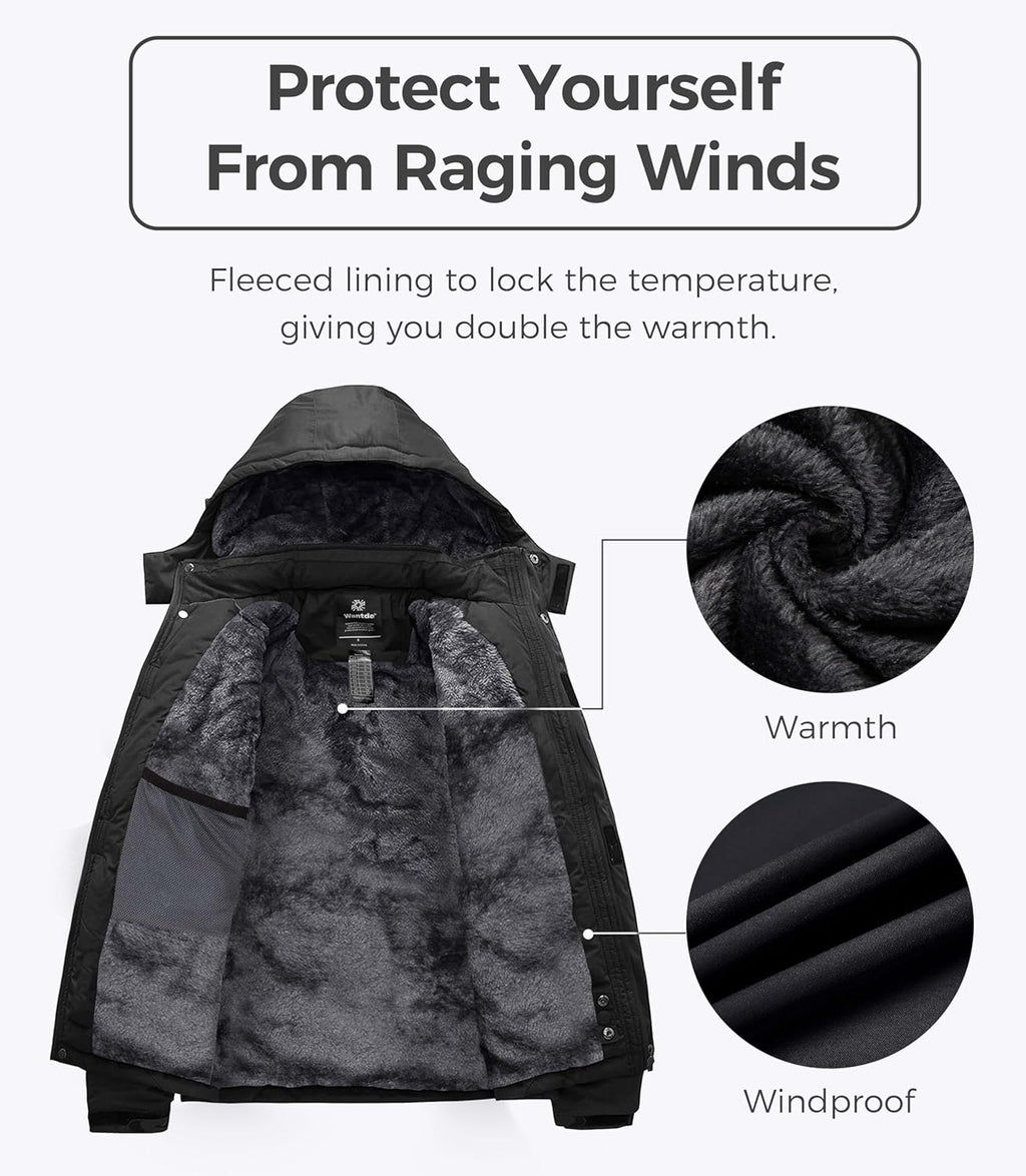 Men'S Mountain Waterproof Ski Jacket Windproof Rain Jacket Winter Warm Hooded Coat