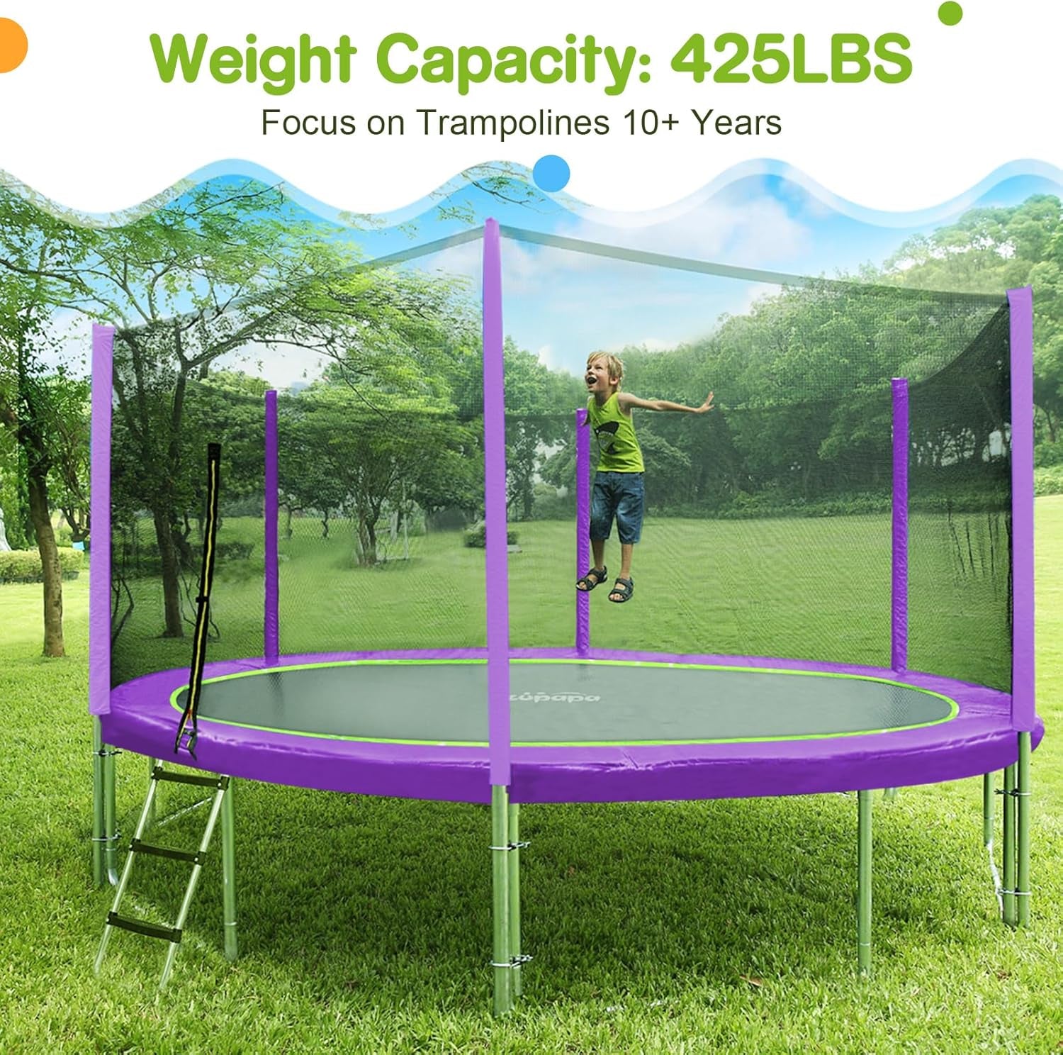 1500LBS Weight Capacity No-Gap Design 16 15 14 12 10FT Trampoline for Kids with Safety Enclosure Net Outdoor Backyards Trampolines with Non-Slip Ladder for Children Adults Family