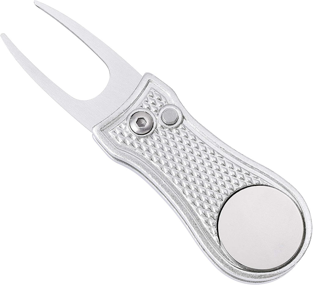 Golf Divot Repair Tool, All Metal Foldable Divot Tool with Pop-Up Button & Magnetic Ball Marker