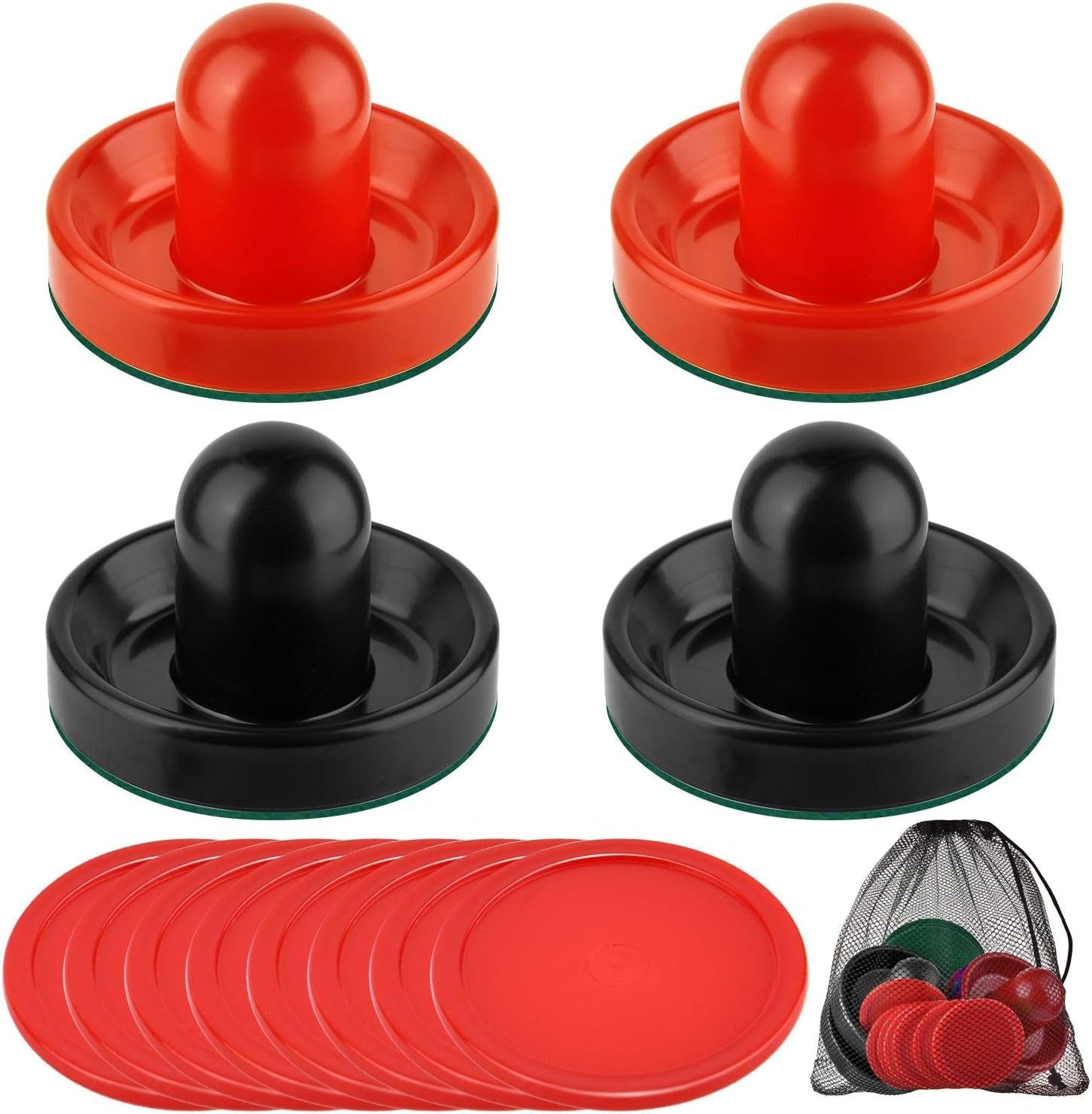 Air Hockey Pushers and Pucks, Air Hockey Paddles with Felt Bottoms, Goal Handles Paddles Replacement Accessories with a Drawstring Bag for Game Tables (4 Striker, 8 Red Puck Pack)