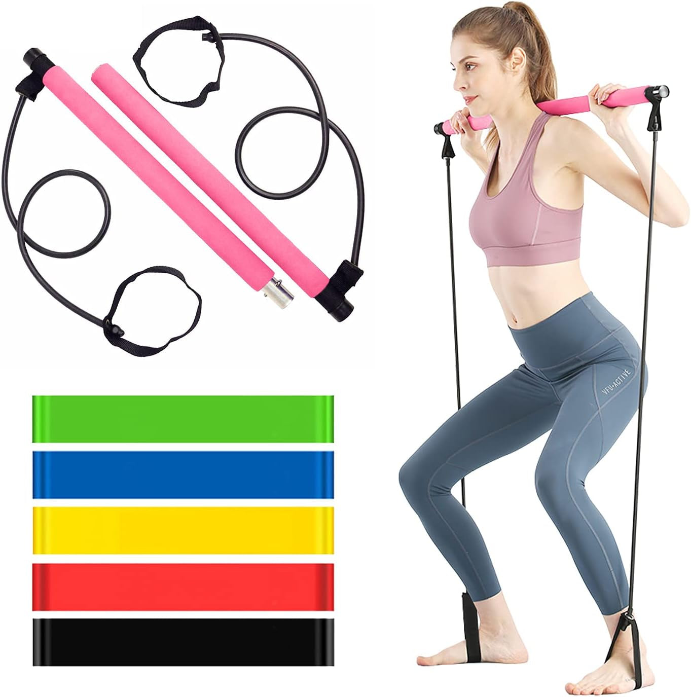 Pilates Bar Kit with Resistance Band - Portable Yoga Pilates Stick Exercise Stick with Foot Loop Fitness Stretching Equipment Home Gym Bodybuilding for Fully Body Workout (Pink)