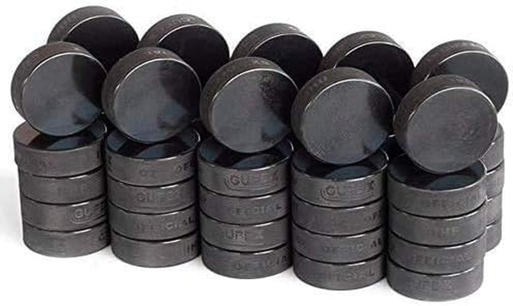 12-Pack Official Ice Hockey Pucks - Made in Czech Republic - Durable Rubber with Smooth Sides, Dimpled Side Walls - Regulation Size - Diameter 3”, Thickness 1”, 6Oz, Black
