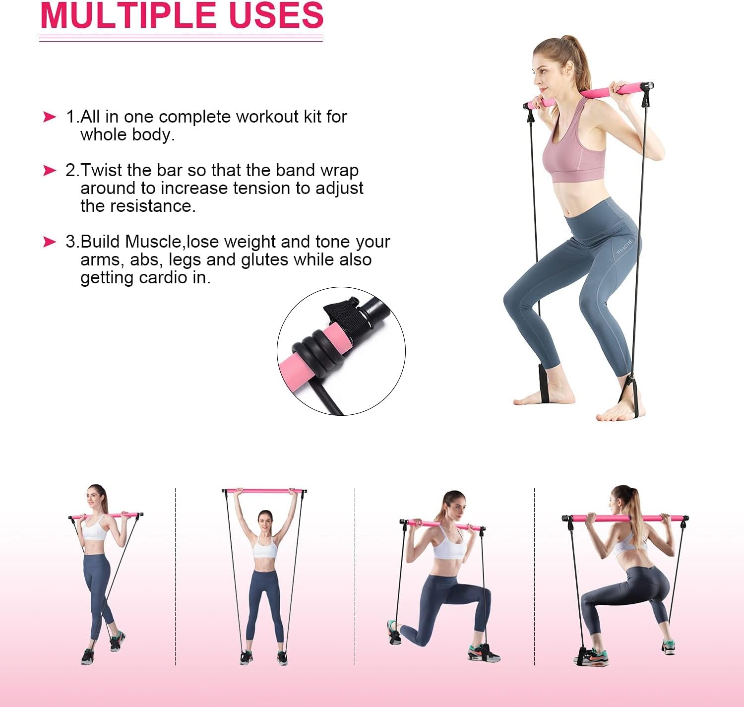 Pilates Bar Kit with Resistance Band - Portable Yoga Pilates Stick Exercise Stick with Foot Loop Fitness Stretching Equipment Home Gym Bodybuilding for Fully Body Workout (Pink)