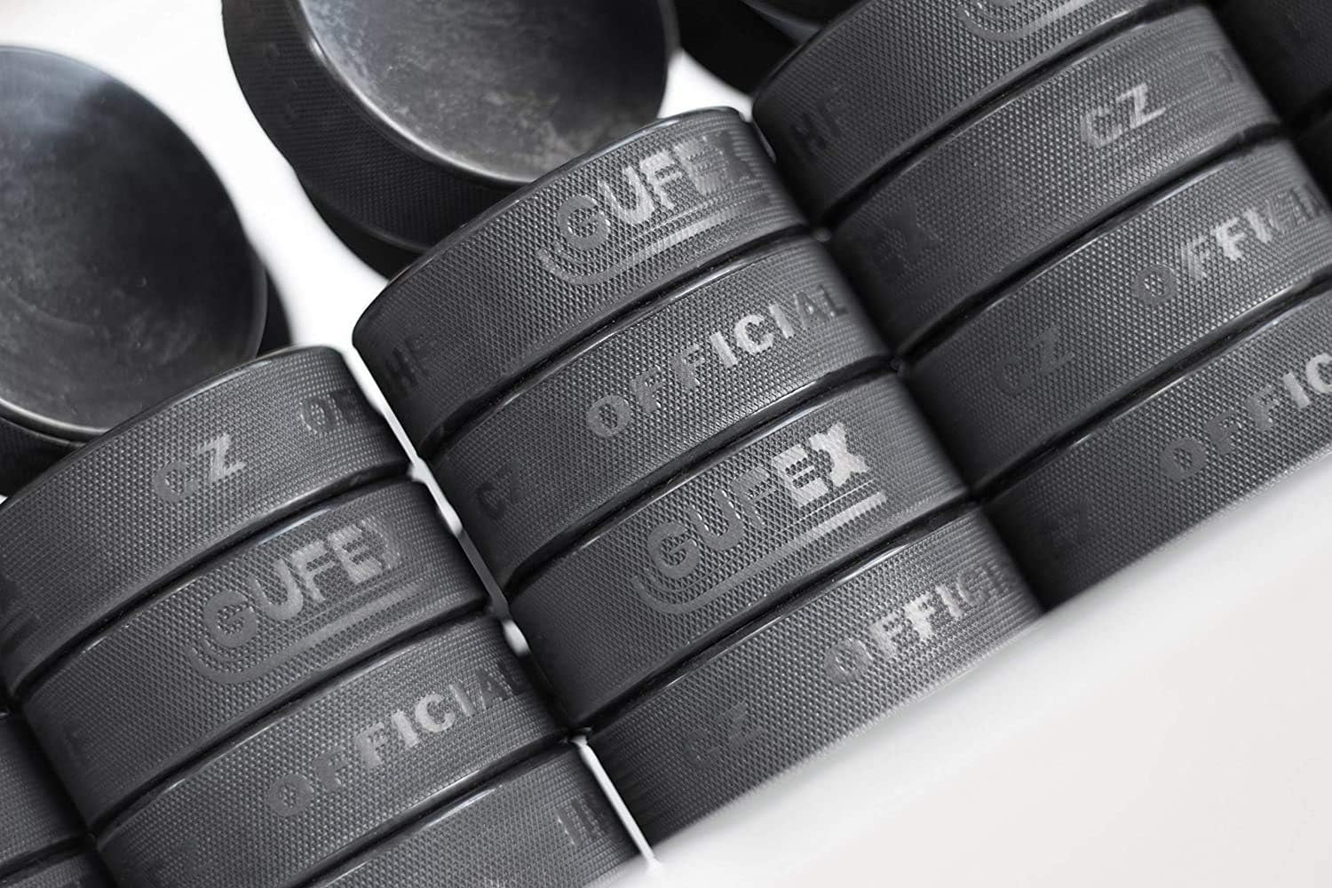 12-Pack Official Ice Hockey Pucks - Made in Czech Republic - Durable Rubber with Smooth Sides, Dimpled Side Walls - Regulation Size - Diameter 3”, Thickness 1”, 6Oz, Black