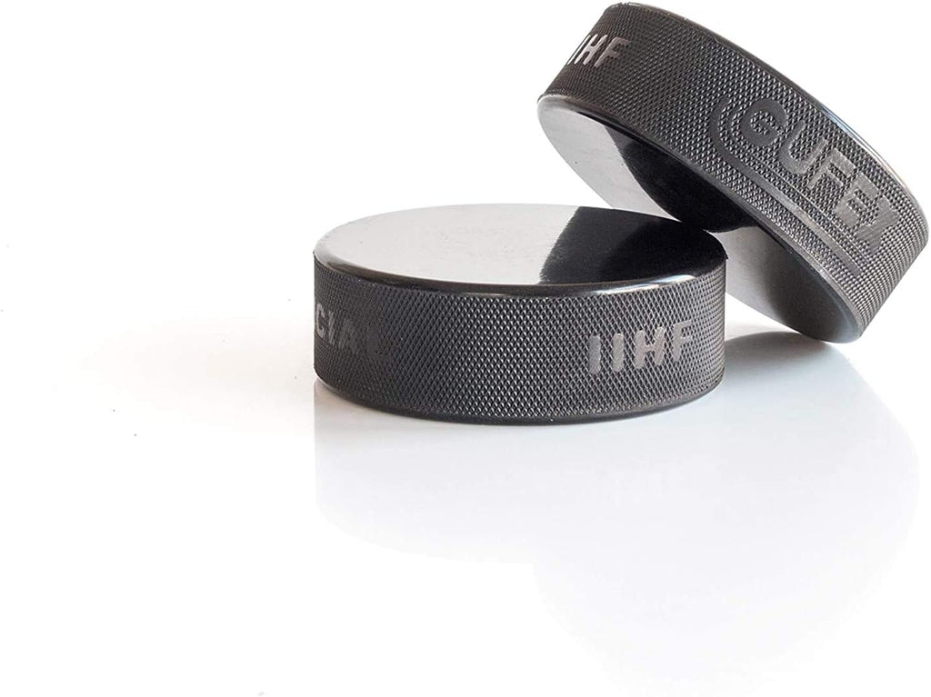 12-Pack Official Ice Hockey Pucks - Made in Czech Republic - Durable Rubber with Smooth Sides, Dimpled Side Walls - Regulation Size - Diameter 3”, Thickness 1”, 6Oz, Black